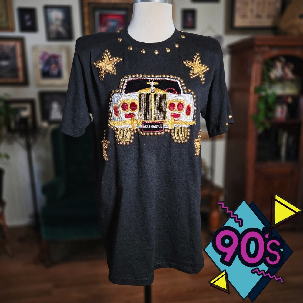 Vintage 90s‎ Black Single Stitch Rolls Royce Car Graphic T Shirt Women Studded